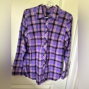 Talbots Button Up Flannel Shirt Womens Medium Purple White Plaid Long Sleeve Top